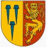 Gespalten von Gold und Rot, vorn drei blaue Nägel, hinten ein goldener blaubewehrter rotgezungter herschauender Löwe.