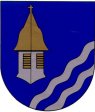 In Blau ein goldbedachtes silbernes Kapellentürmchen und zwei linke silberne Schrägfußwellenleisten.