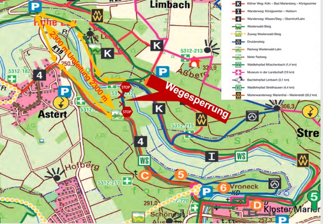 Landkarte über die Waldwegsperrung in der Ortsgemeinde Astert