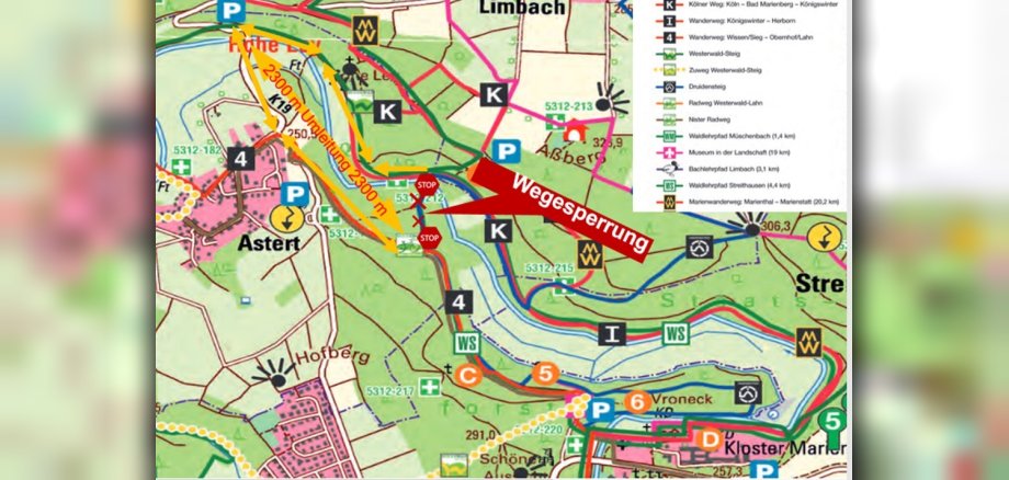 Landkarte über die Waldwegsperrung in der Ortsgemeinde Astert