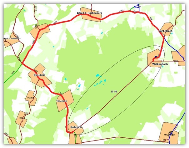 Karte von der Kreisstraße 10 zwischen Roßbach und Welkenbach