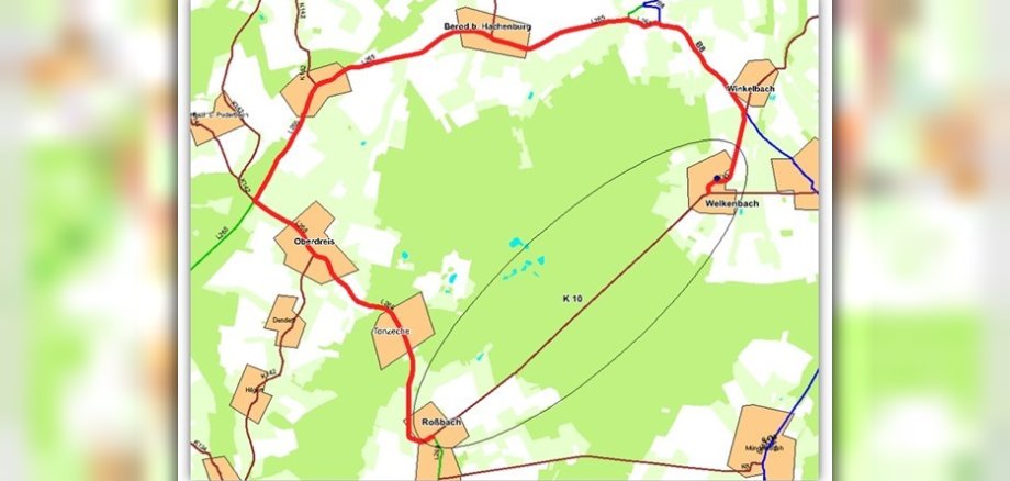 Karte von der Kreisstraße 10 zwischen Roßbach und Welkenbach