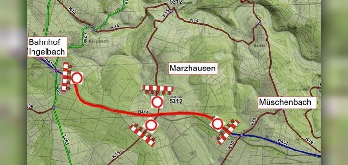 Karte über die Vollsperrung zwischen Bahnhof Ingelbach und Müschenbach