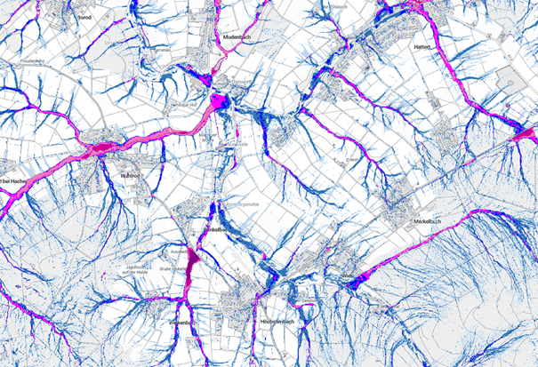 Auszug der neuen Sturzflutgefahrenkarte