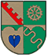 Gespalten von Gold und Grün. In der Mitte von Schildrand zu Schildrand eine Brücke von vier Pfeilern und drei Bögen in verwechselten Farben Grün und Gold. Vorn oben schrägrechts ein viermal nach oben gezinnter roter Balken. Vorn unten eine blaue Rodehacke. Hinten oben ein goldenes Mühlrad mit rautenförmiger Nabe. Hinten unten ein goldener Flusslauf mit vier stark ausgeprägten Windungen.