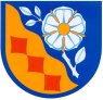 Eine weiße Blume auf blauem Hintergrund, schräg wellenförmig getgrennt mit drei organgenen Rauten auf gelbem Hintergrund