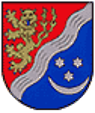 Schild durch schräglinke silberne Wellenleiste geteilt. Vorne in Rot ein goldener, blaubewehrter, herschauender Löwe, hinten in Blau ein silberner, steigender Halbmond, überhöht von drei silbernen, sechsstrahligen Sternen.