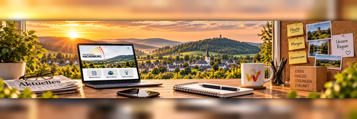 Laptop, Zeitschrift und Brille auf einem Holztisch im Hintergrund Bäume