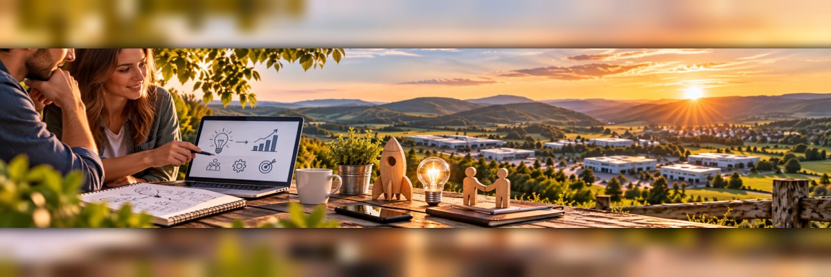 Mann und Frau vor Laptop an einem Holztisch im Hintergrund Häuser, Bäume und ein Sonnenuntergang