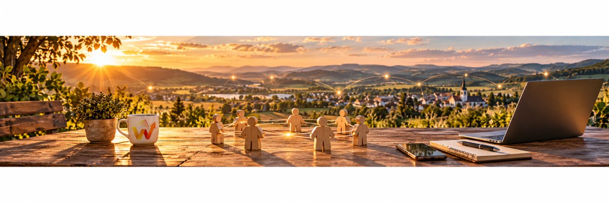 Holzfiguren auf einem Tisch im Hintergrund Wiesen und Bäume
