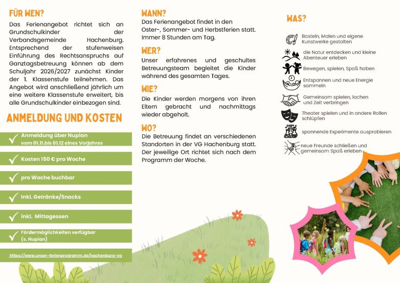 Informationsflyer zu Ferienspaß für Grundschulkinder